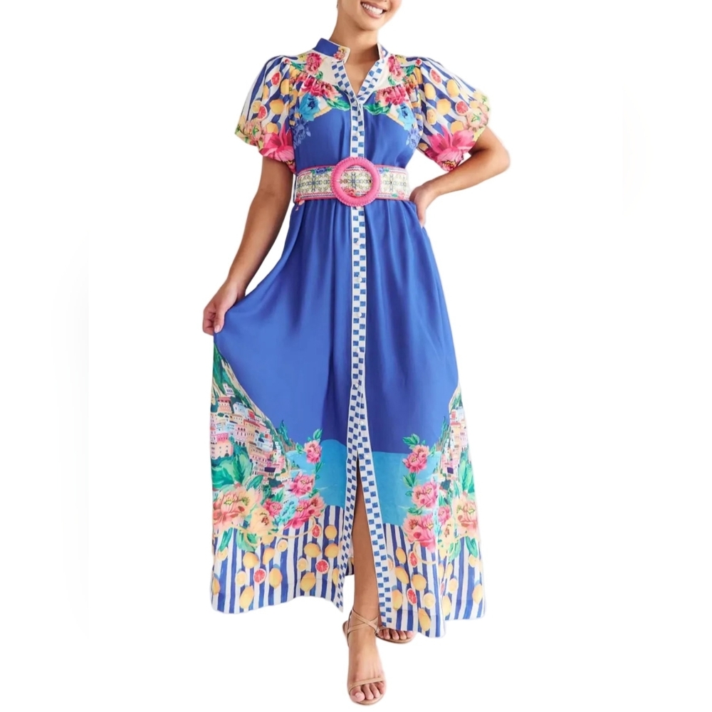 Garden Floral Button-Up Mock Neck Puff Sleeve Wide Belt Slit Front Maxi Dress - Picture 12 of 16